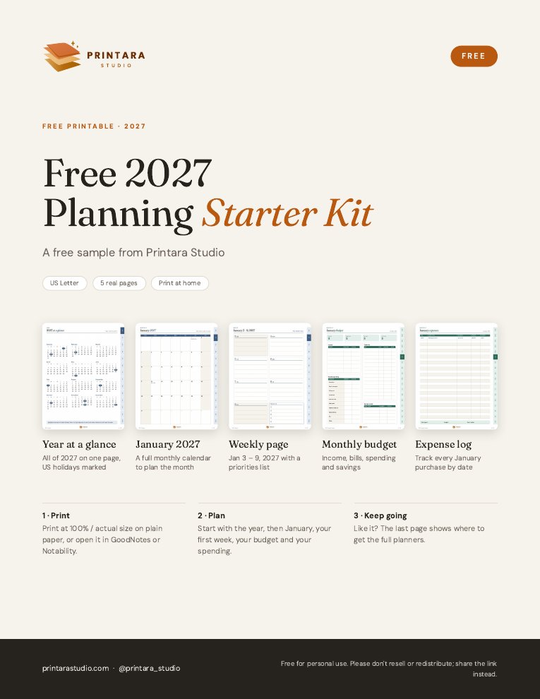 Cover of the Free 2027 Planning Starter Kit by Printara Studio